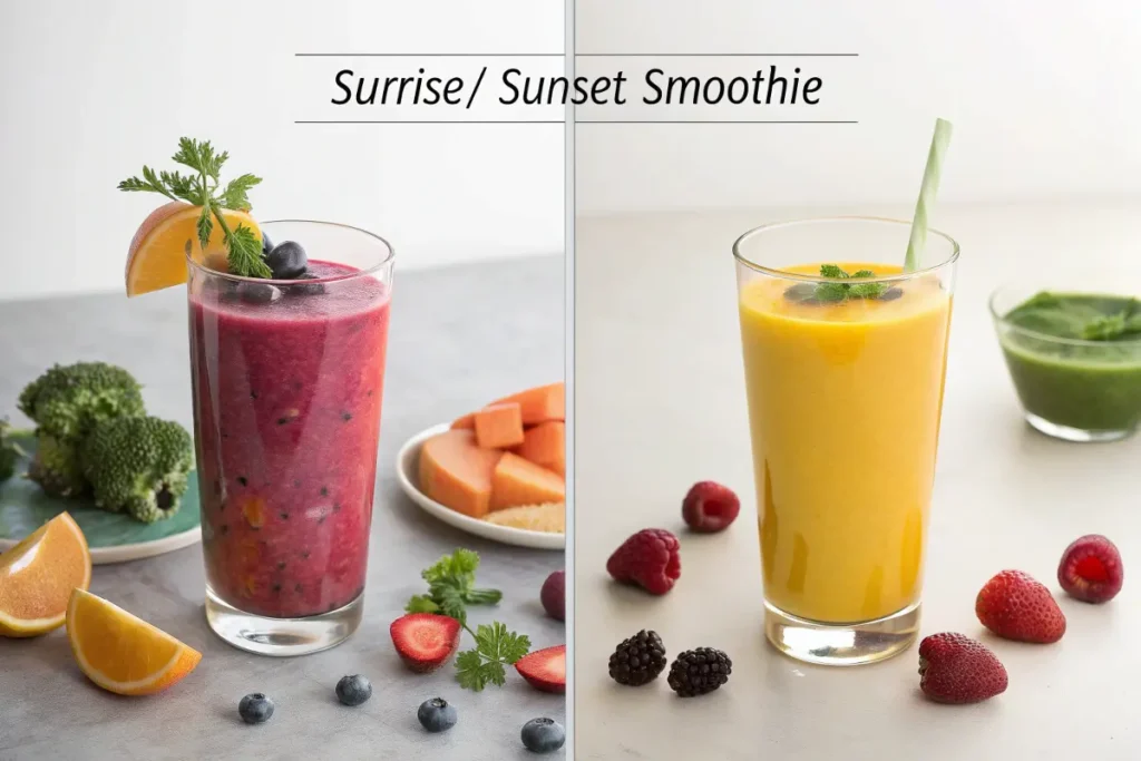 A split-screen showing a regular smoothie and a healthier, modified version with lower sugar.