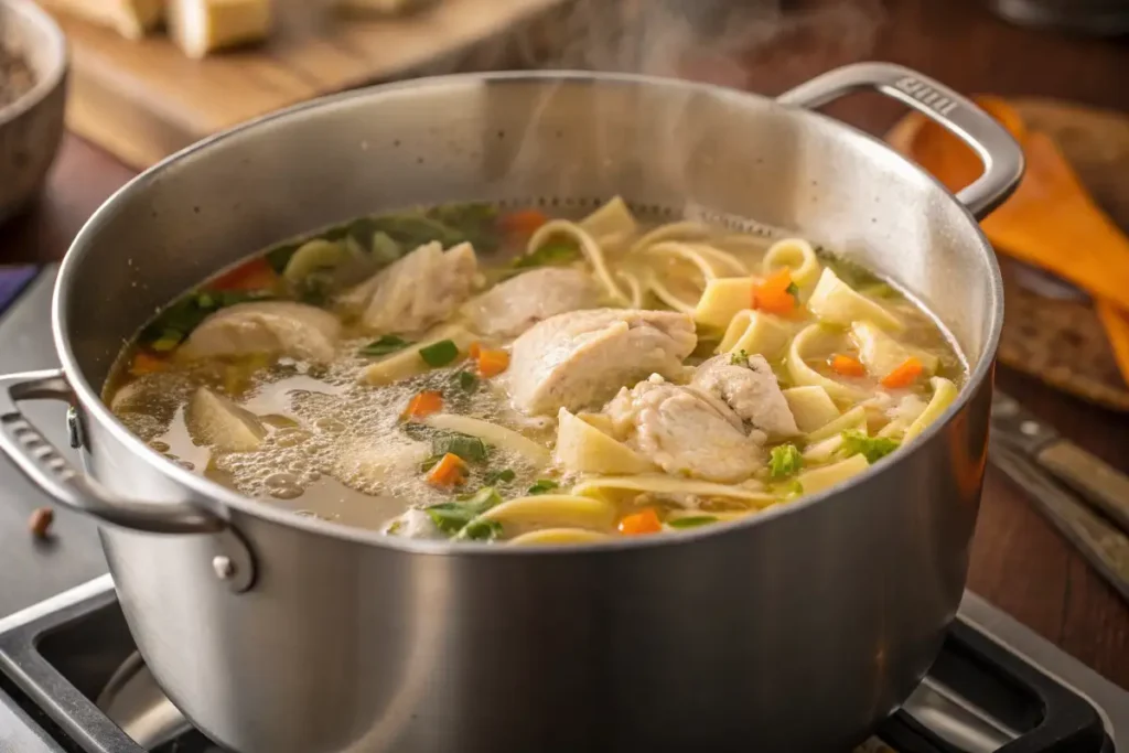 Chicken and chopped vegetables simmering in a large pot on a stovetop.