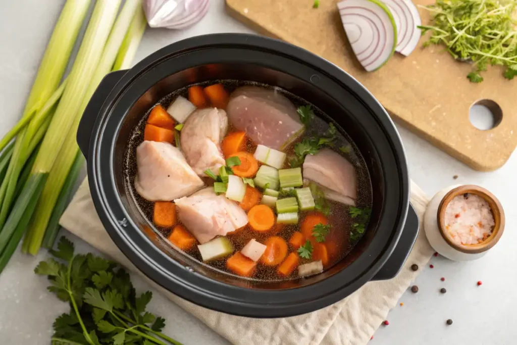 A slow cooker filled with raw chicken, chopped vegetables, and broth, ready to be cooked into a soup.