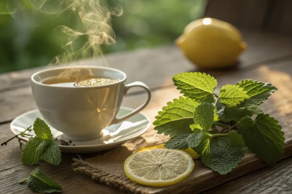 A steaming cup of lemon balm tea with fresh leaves and a slice of lemon, set on a calming wooden surface.