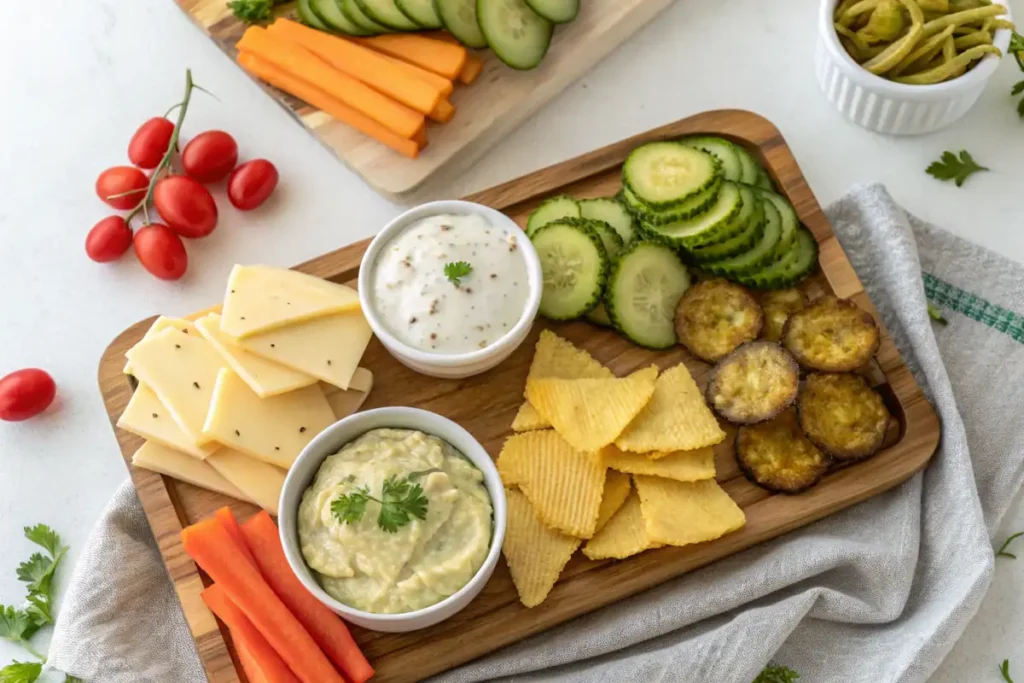 Snack board with spicy dill pickle chips, dips, and cheese