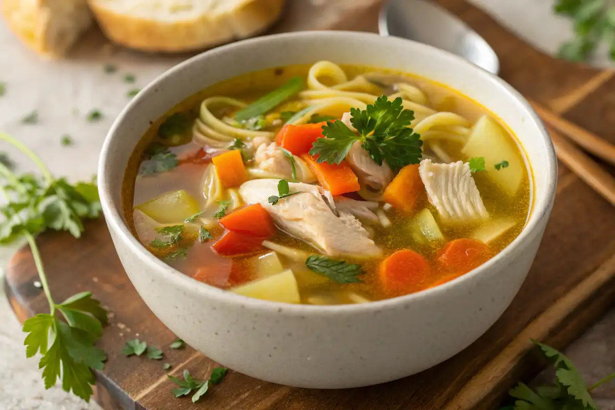 A close-up, overhead shot of a steaming bowl of homemade chicken soup with visible chicken, vegetables, and noodles.