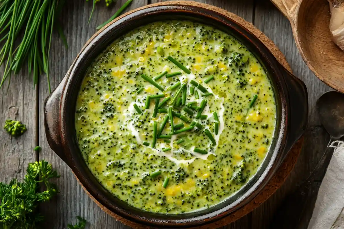 Steaming bowl of vegan broccoli cheddar soup with chives and cashew cream