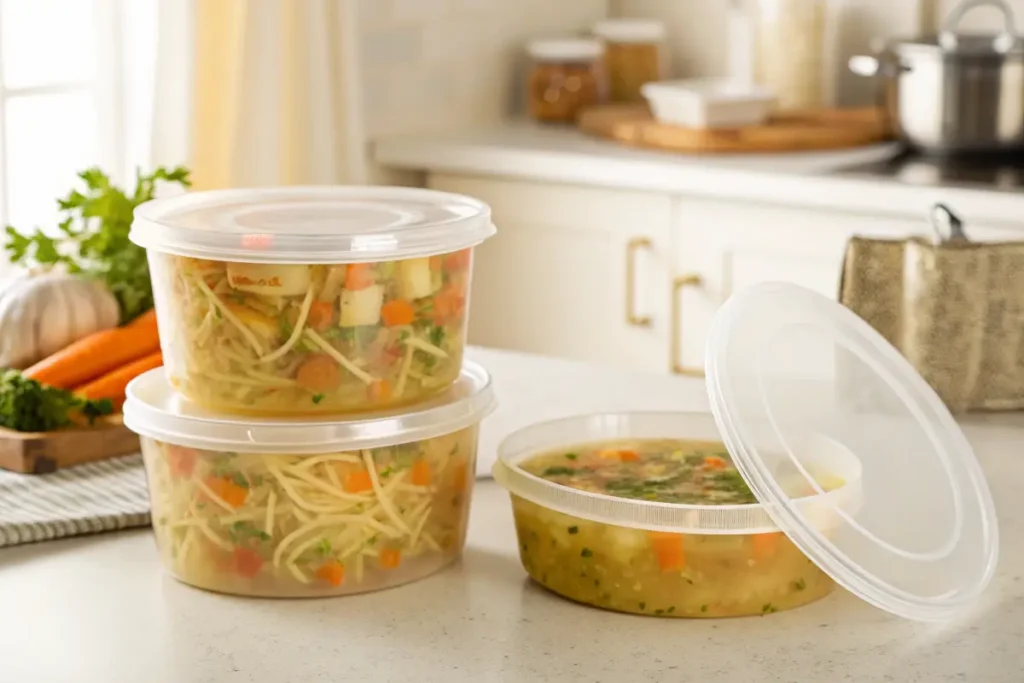 Containers of homemade chicken noodle soup on a kitchen counter.