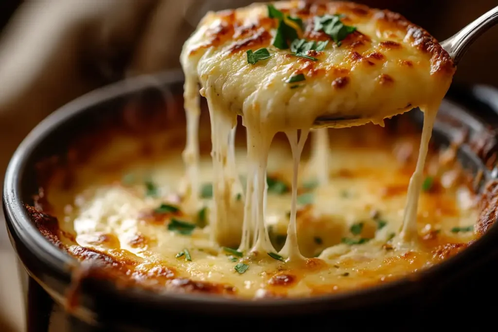 Close-up of a spoon lifting stringy, melted vegan cheese from hot soup