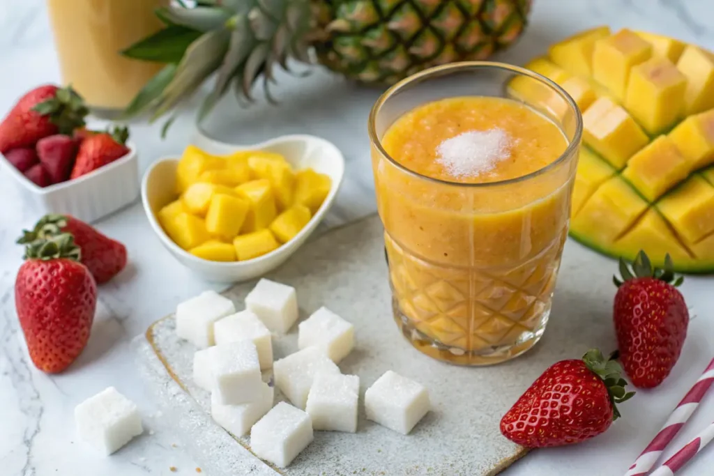 A close-up of a Sunrise/Sunset Smoothie with a tower of sugar cubes beside it.