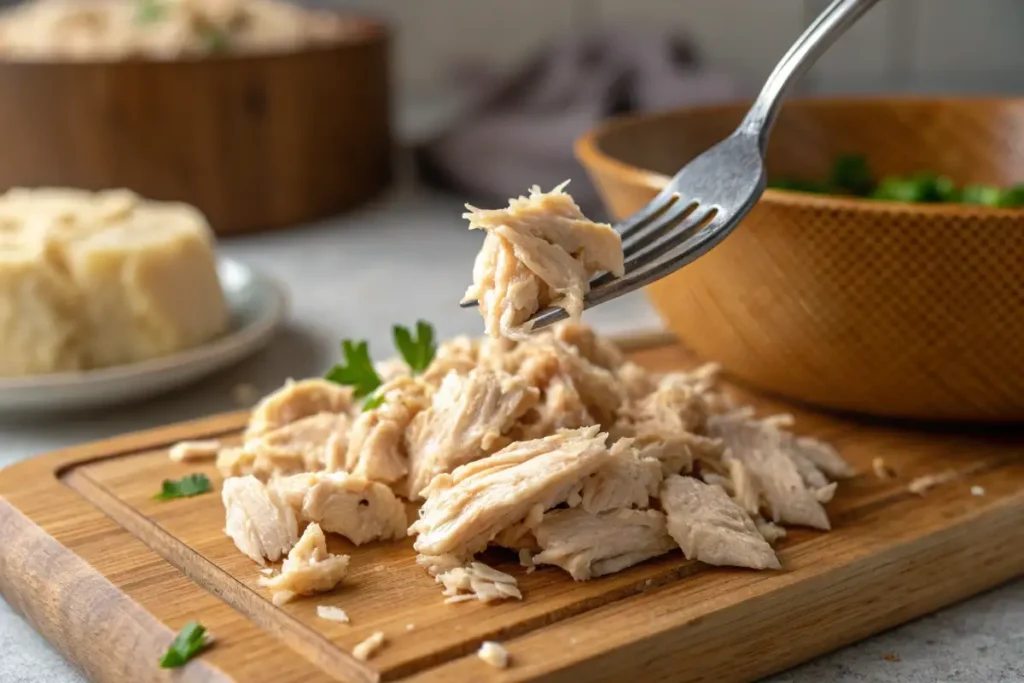 A close-up of moist, tender, and shredded chicken pieces on a wooden cutting board.