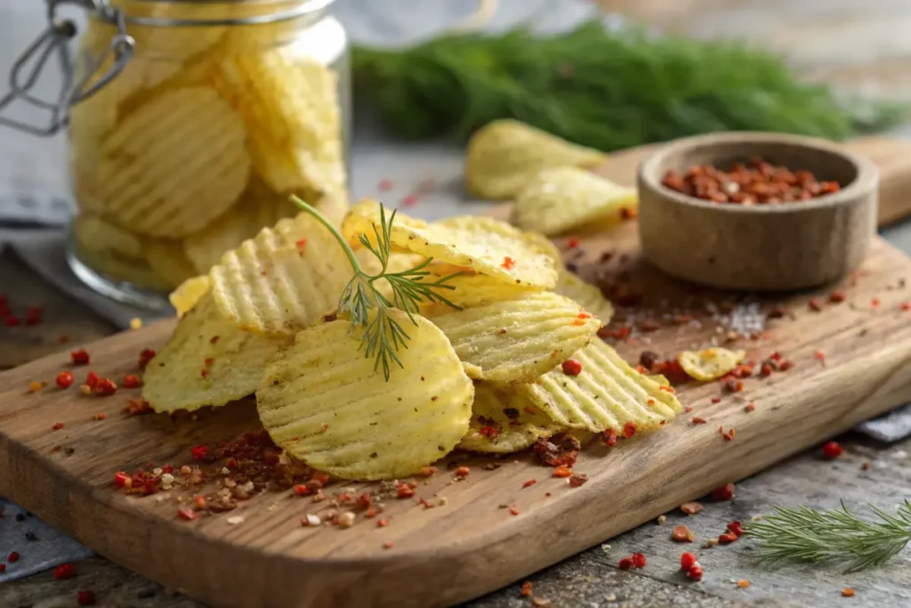 Spicy dill pickle chips with dill sprigs and chili flakes