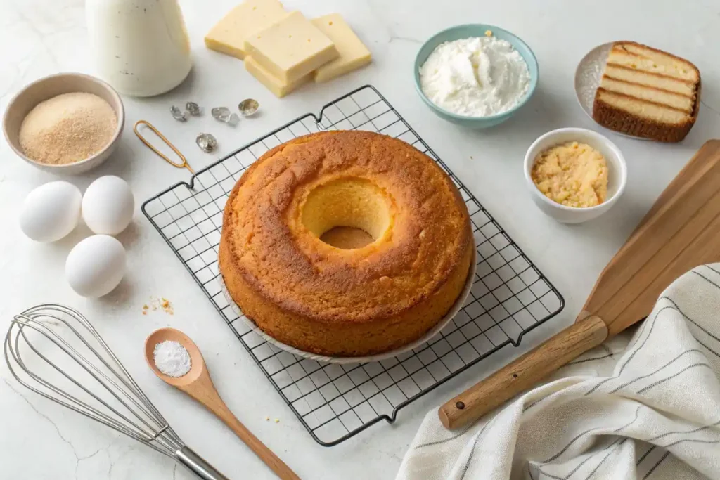 A perfectly baked golden cake surrounded by baking tools.