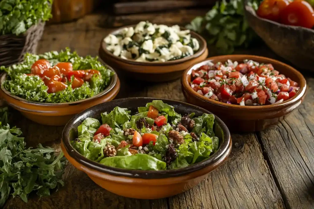 Overhead shot showing different styles of Spanish Salad.