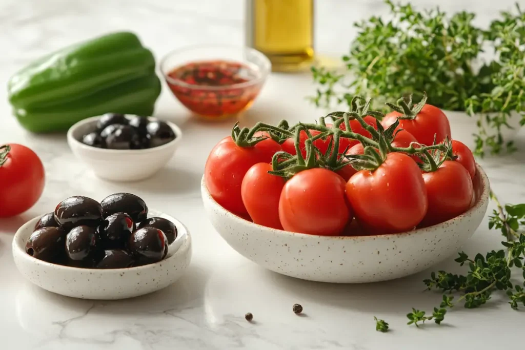 Close-up of core Spanish salad ingredients on a kitchen counter.