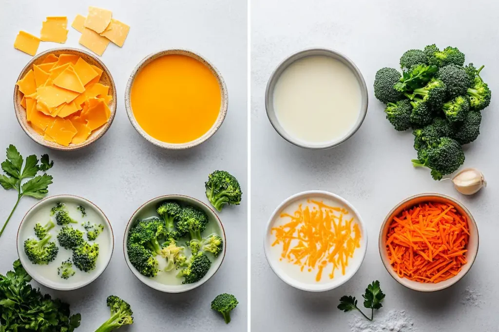 Split image comparing traditional and plant-based ingredients for broccoli cheddar soup