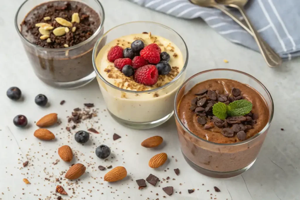 A top-down view of three different homemade protein puddings with various toppings.