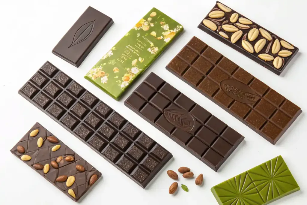 A flat lay of various pistachio chocolate bars showing different styles and branding.