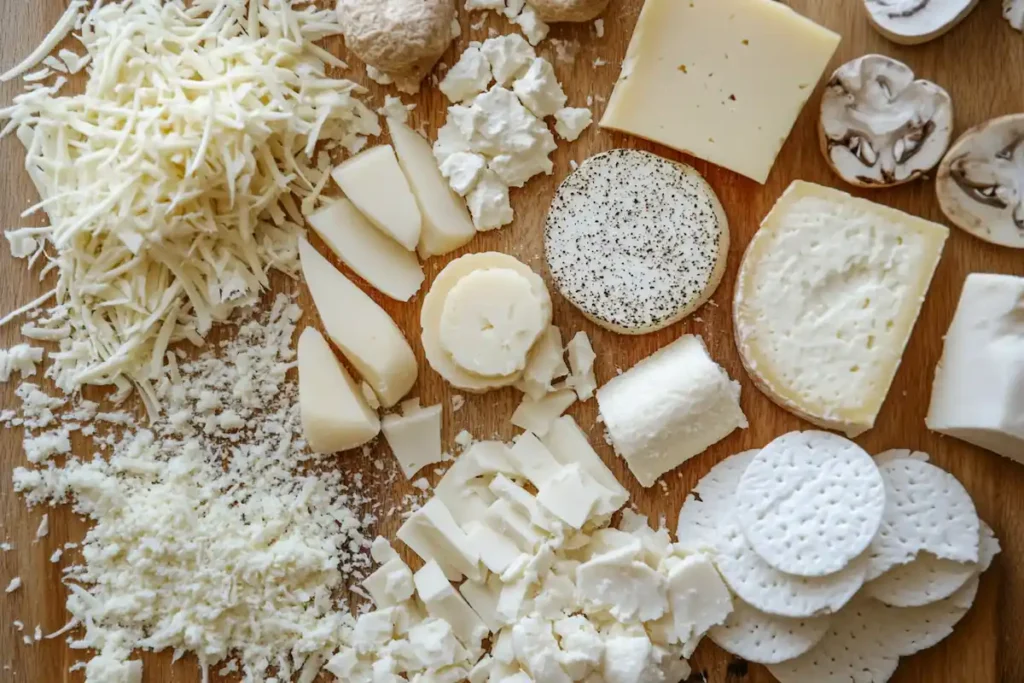 Overhead shot of various types of vegan cheese melting on a cutting board