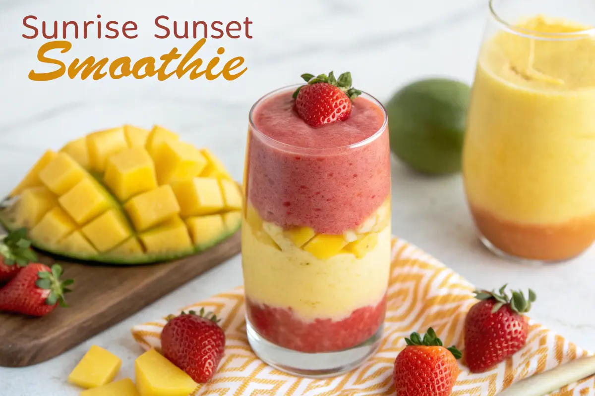 A close-up of a Sunrise Sunset Smoothie with fresh fruit surrounding it.