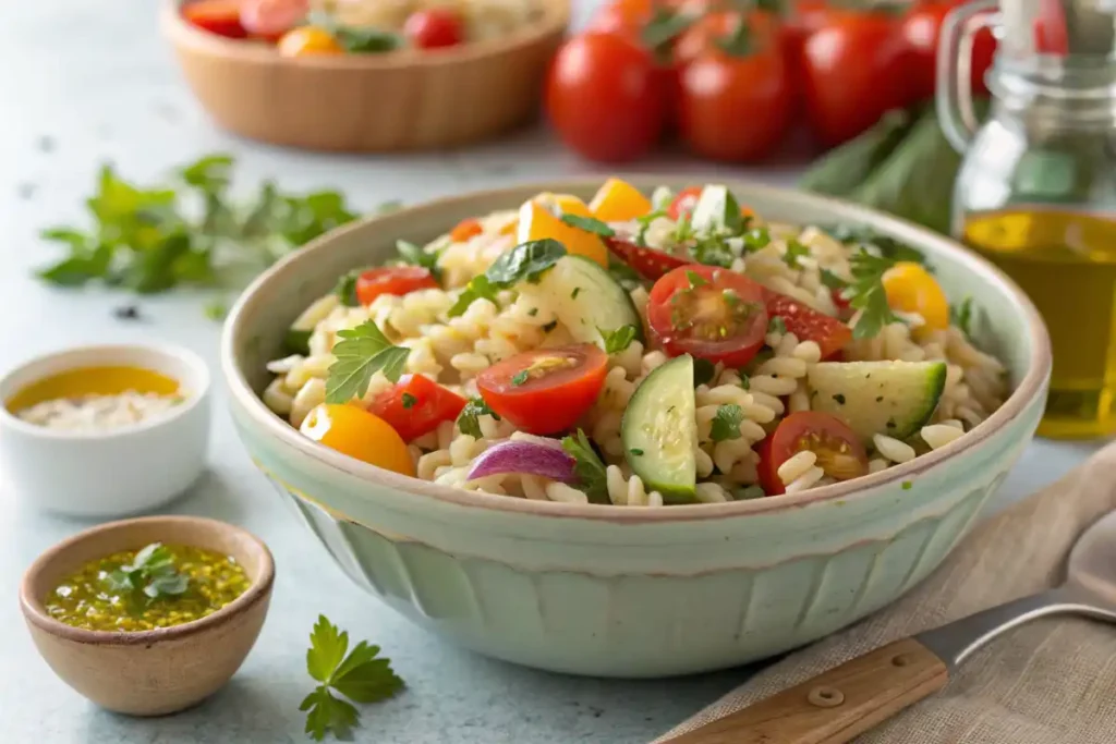 A photo of a wholesome pasta and grain salad in a ceramic bowl, featuring a variety of textures and ingredients, with fresh vegetables and herbs.