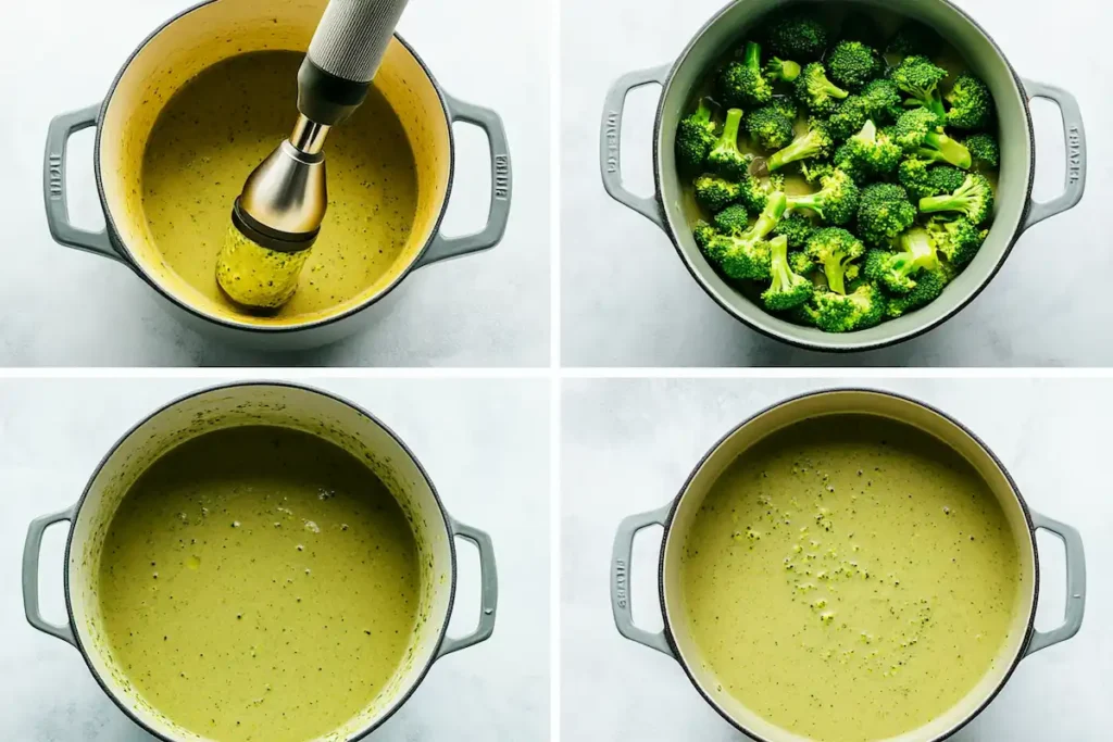 Immersion blender blending vegan broccoli cheddar soup for smooth texture.