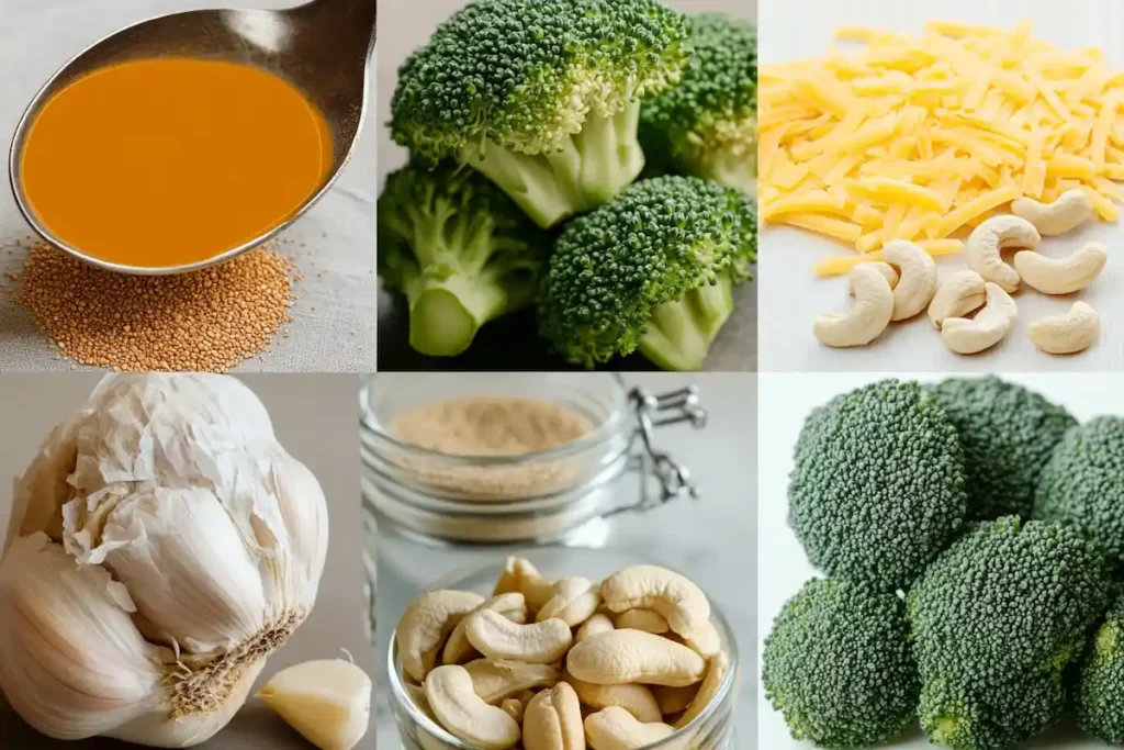 Collage of key ingredients for vegan broccoli cheddar soup.