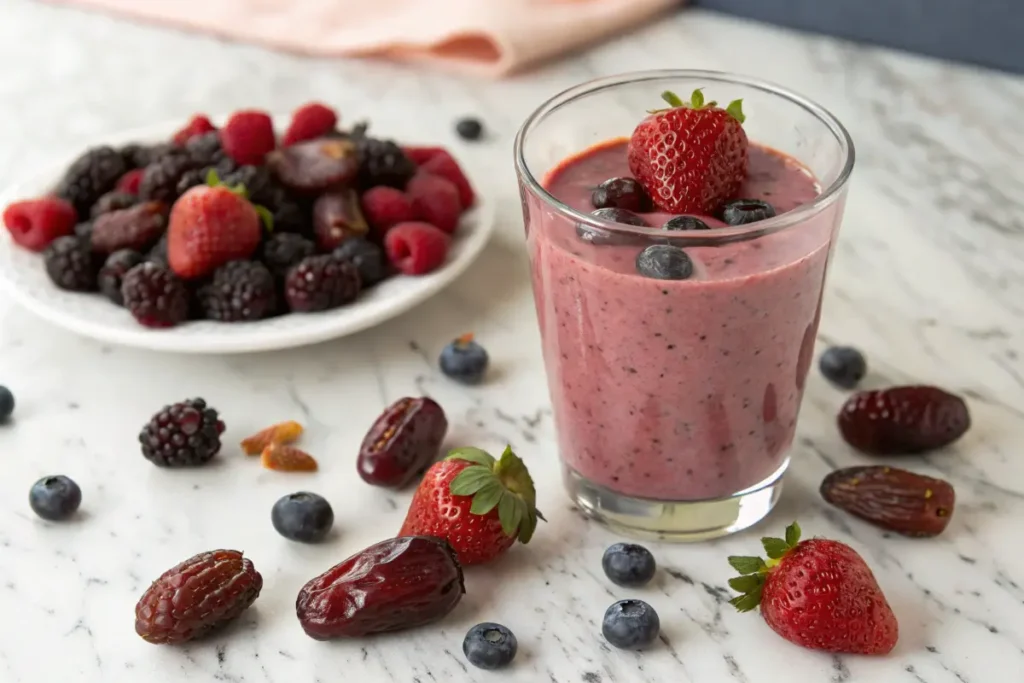 Naturally sweet smoothie with berries and dates, banana-free.