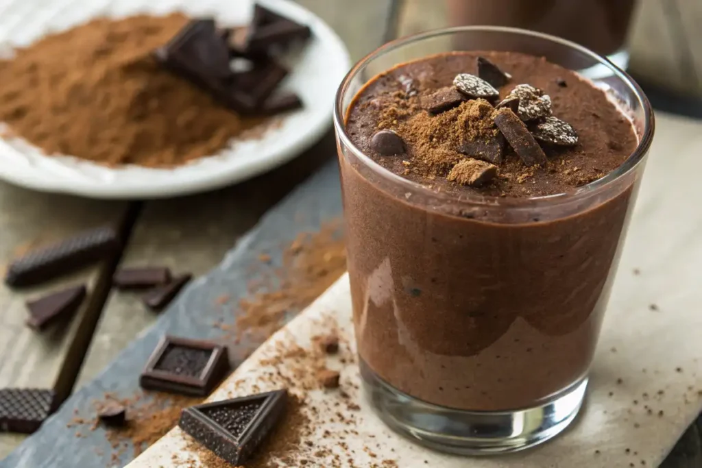 Healthy chocolate smoothie without bananas, using cocoa and avocado.