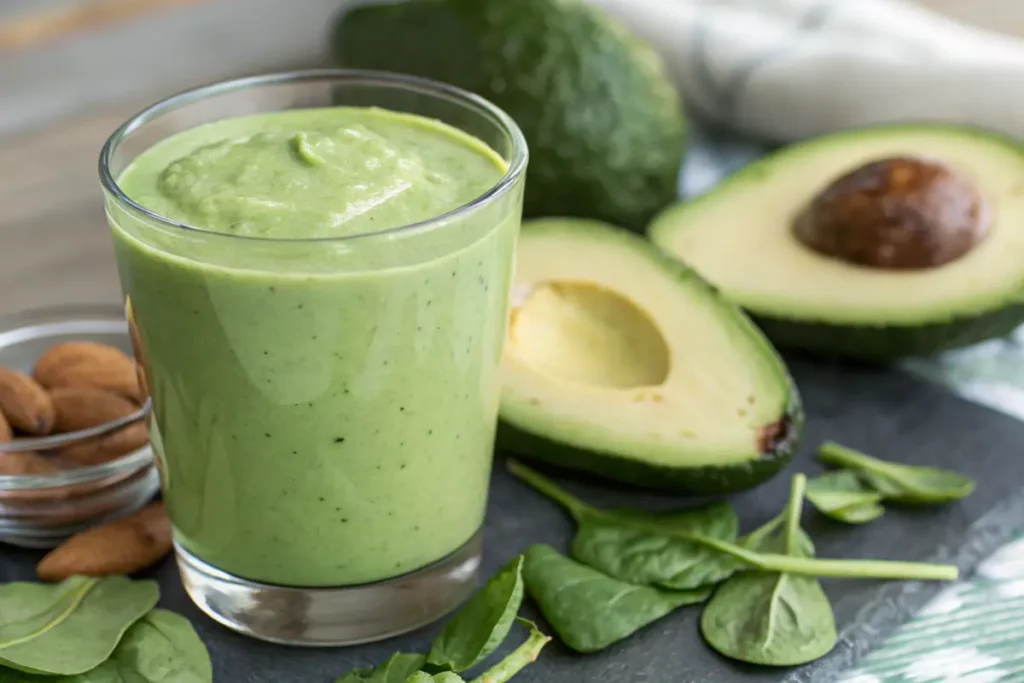 Creamy green smoothie with avocado, a banana substitute.