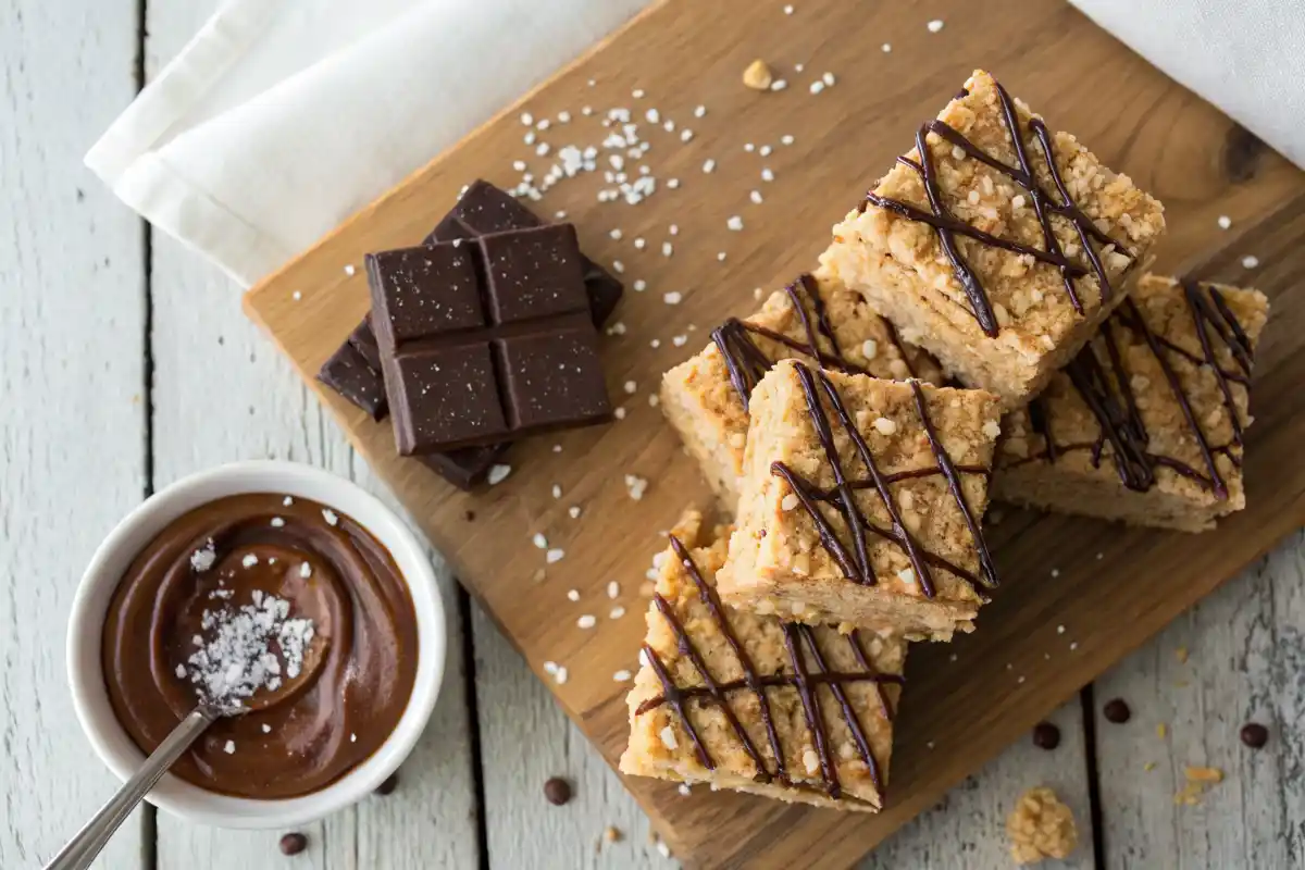 Homemade peanut butter rice crispy treats with chocolate drizzle.