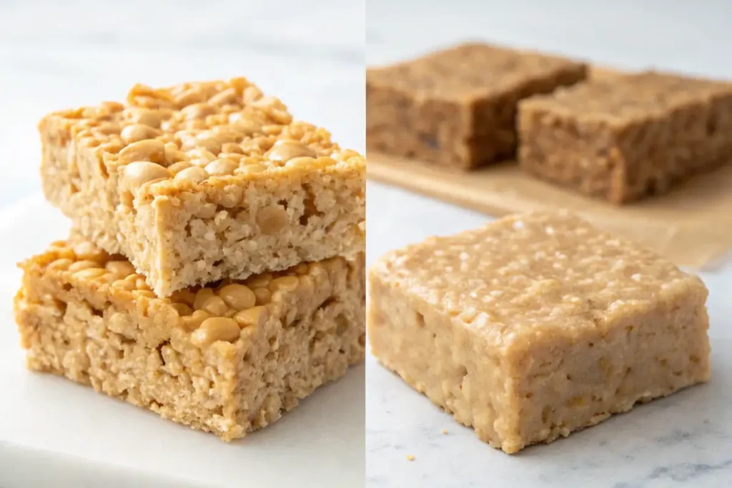 Side-by-side: regular and healthier peanut butter rice crispy treats.