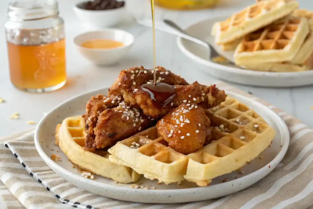 Hot honey chicken tenders served over a buttermilk waffle.