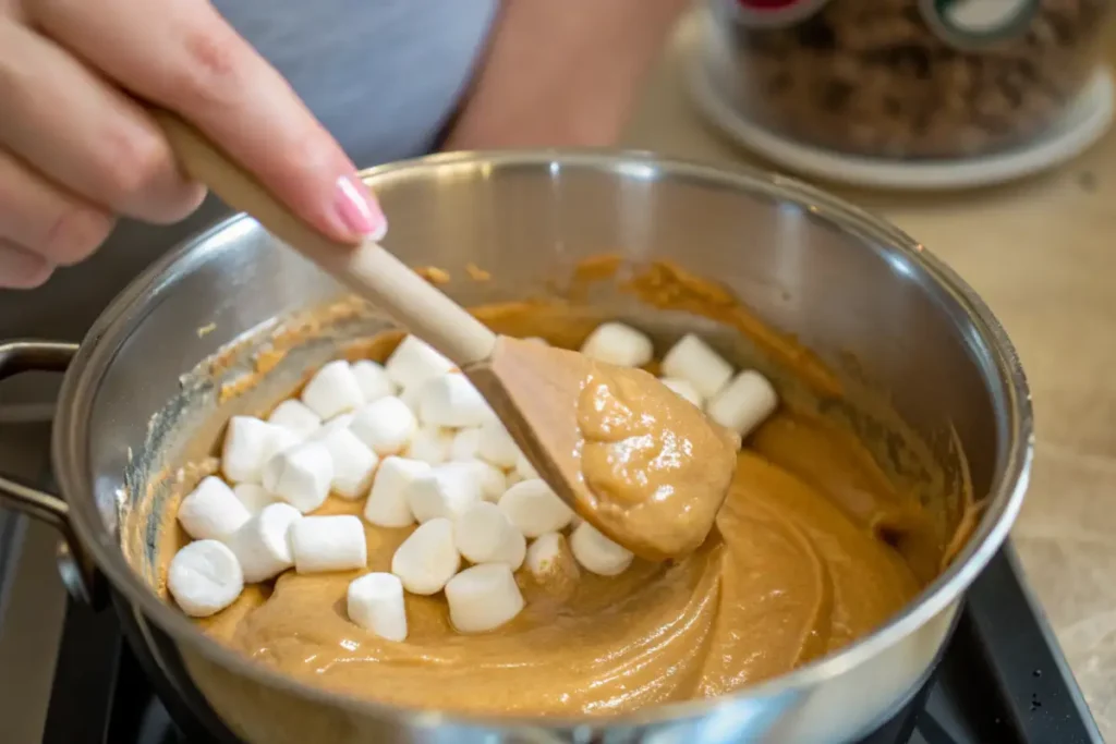 Mixing peanut butter with melted marshmallows.