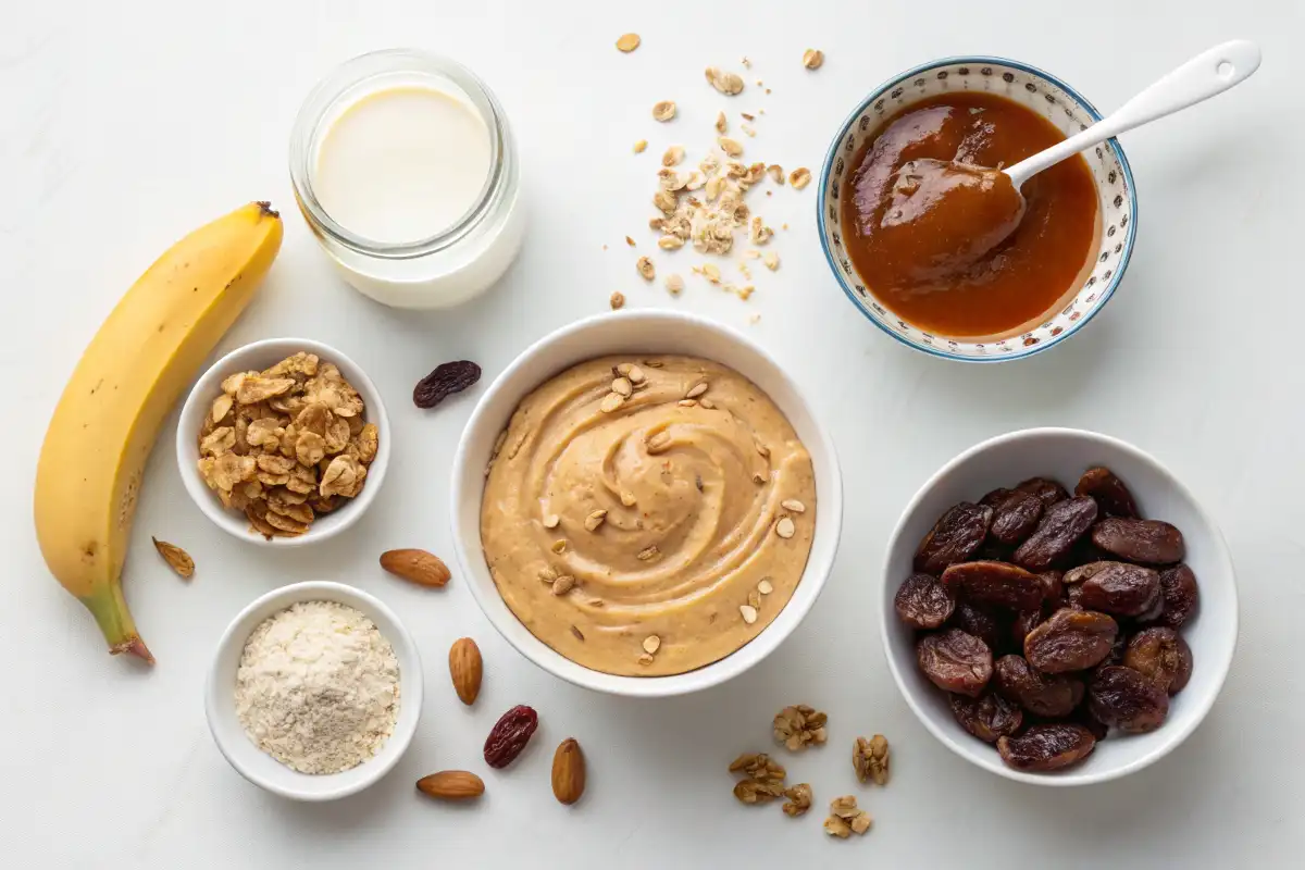 Ingredients for a delicious and healthy banana-free peanut butter smoothie.