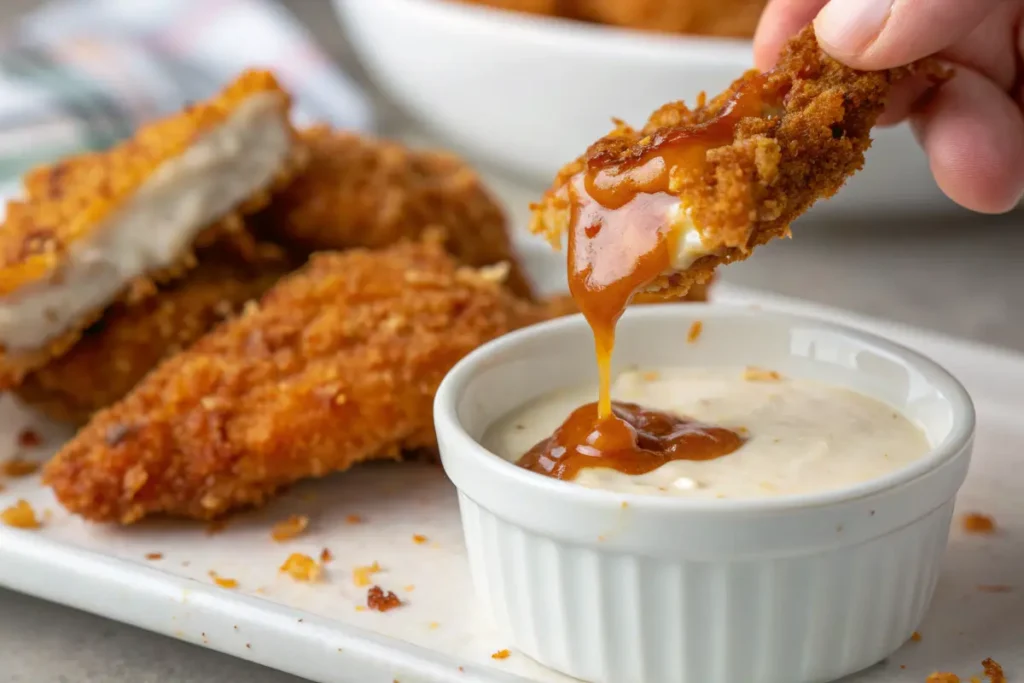 Hot honey chicken tender being dipped into ranch dressing.