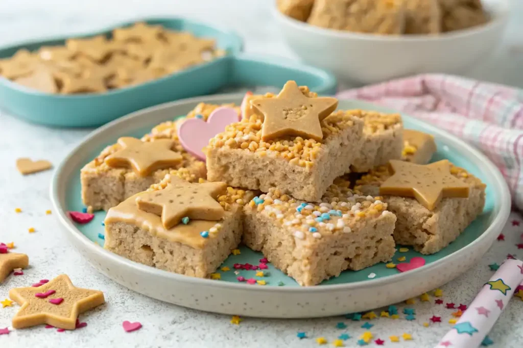 Peanut butter rice crispy treats cut into fun shapes.